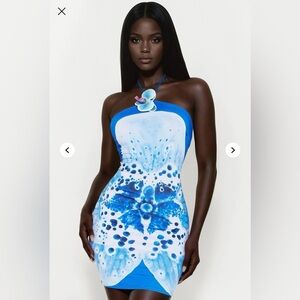 Fashion Nova Blue Tropical Floral Halter Mini Dress Small